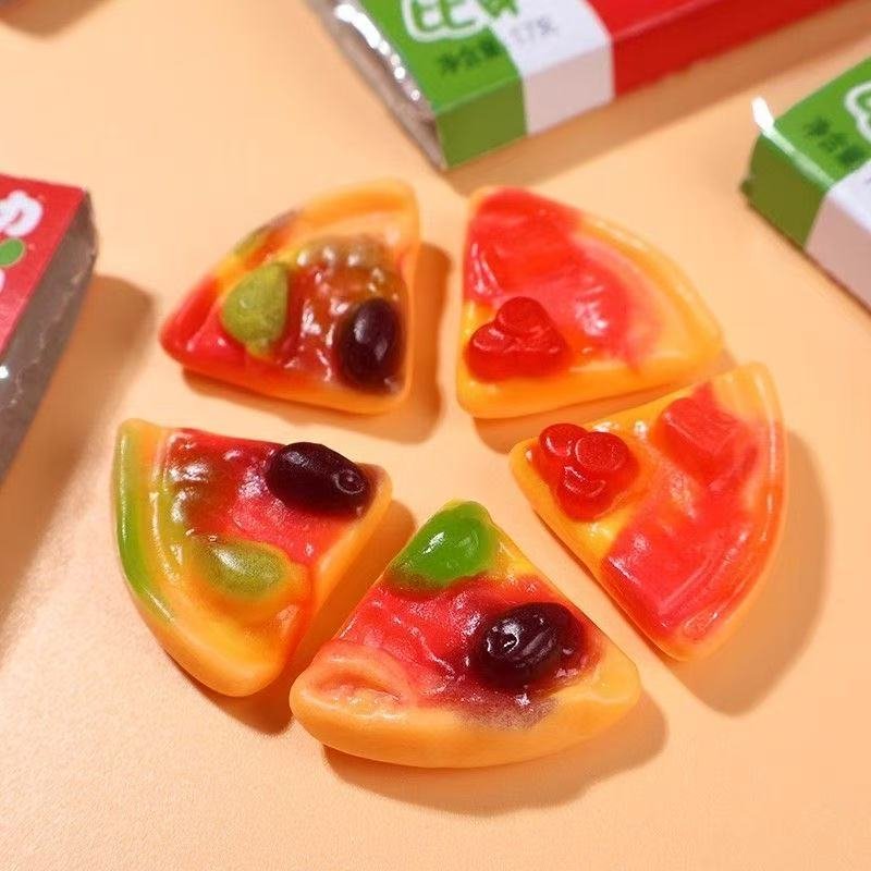 Delicious pizza shaped gummy candy with rich fruit flavor, soft and chewy texture. Perfect for kids, parties, candy stores and wholesale.