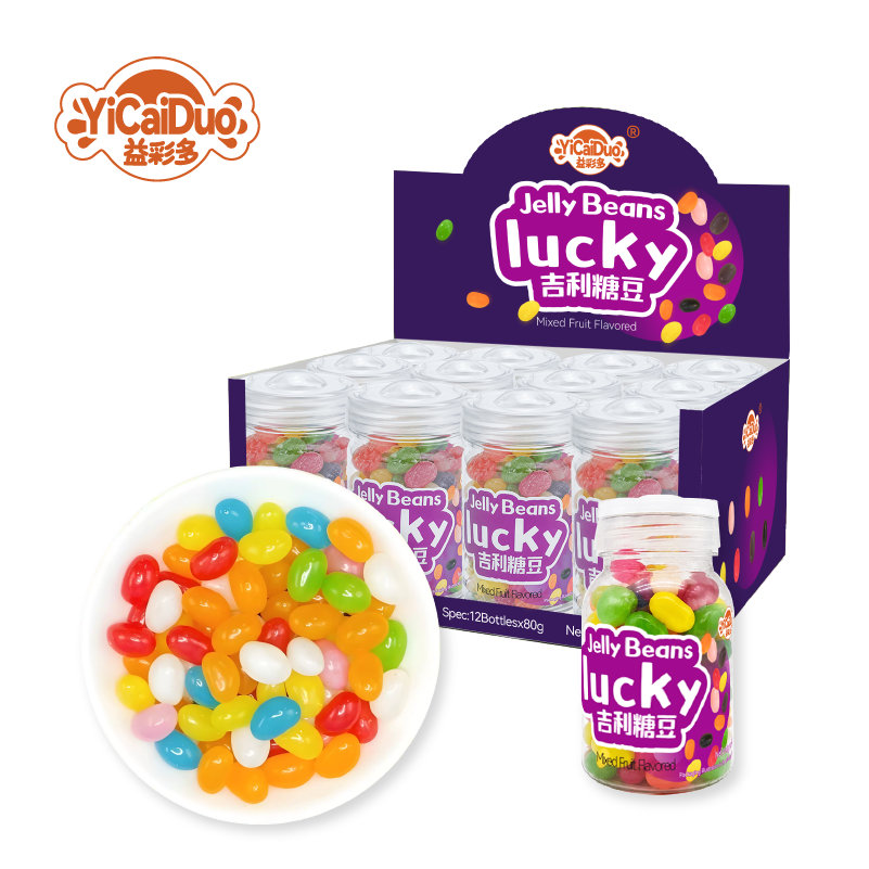 Vibrant fruit jelly beans in premium 60g bottles – perfect for shelves and counters.