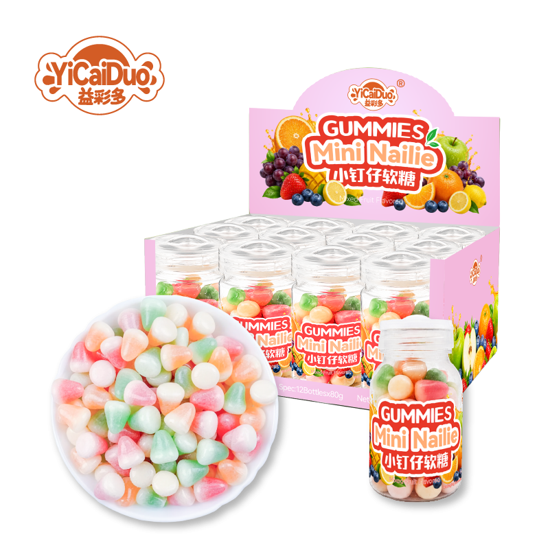 Crunch meets chew! Our innovative gummy nails in convenient 80g bottles.