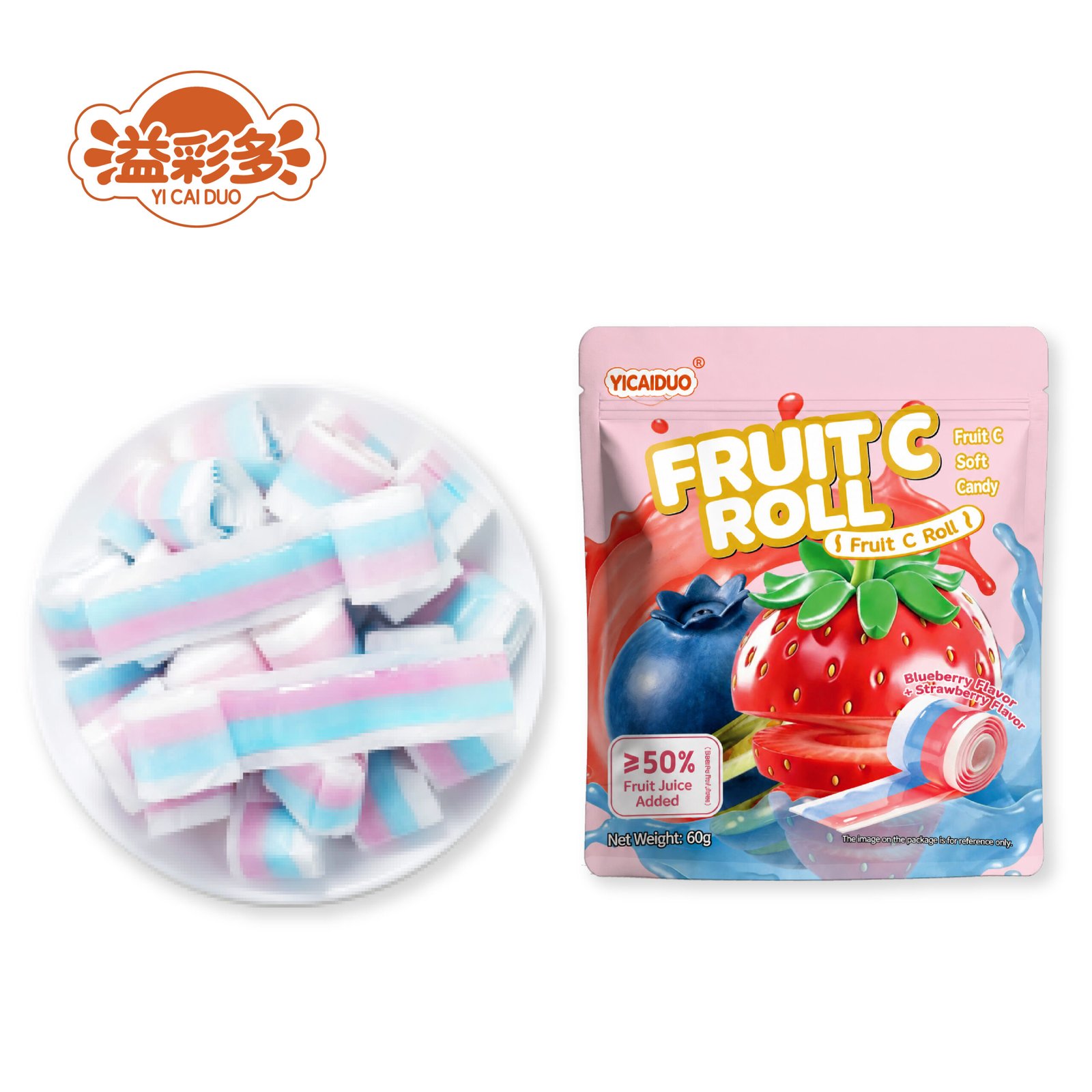 Mixed blueberry and strawberry flavor twist roll gummy candy, factory wholesale export.