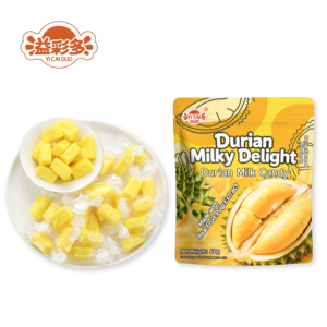 Creamy durian milk candy, soft and chewy durian flavored sweets, exotic tropical fruit candy made with real durian extract, individually wrapped milk toffees.